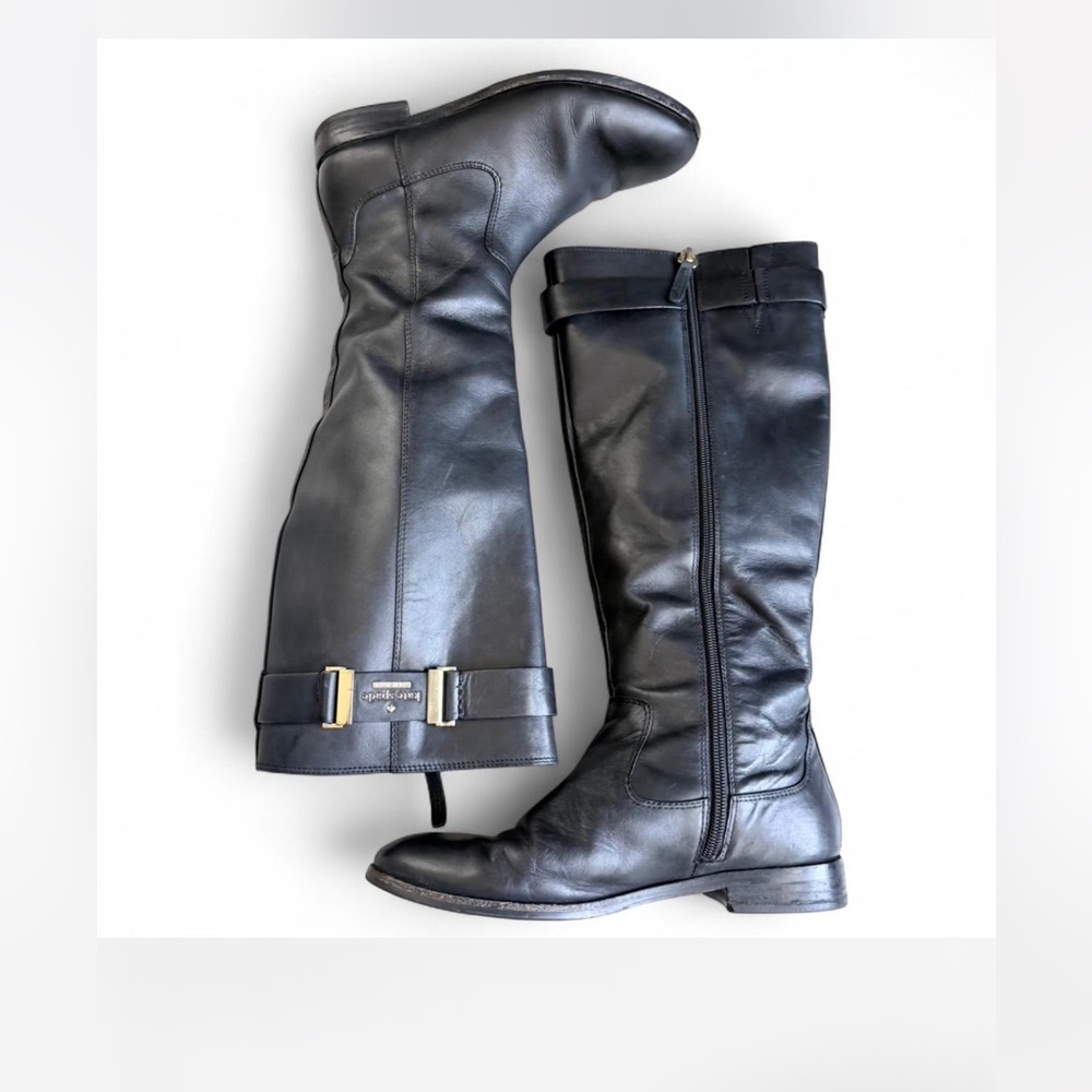 Kate Spade New York Black Leather Riding Boots Tall Zip Buckle Boots - Picture 1 of 14